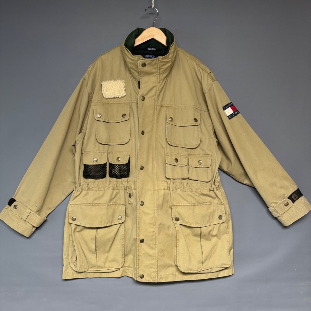 Tommy Hilfiger Vintage Field Jacket Tan Plaid Lined Multi-Pocket Mens Large